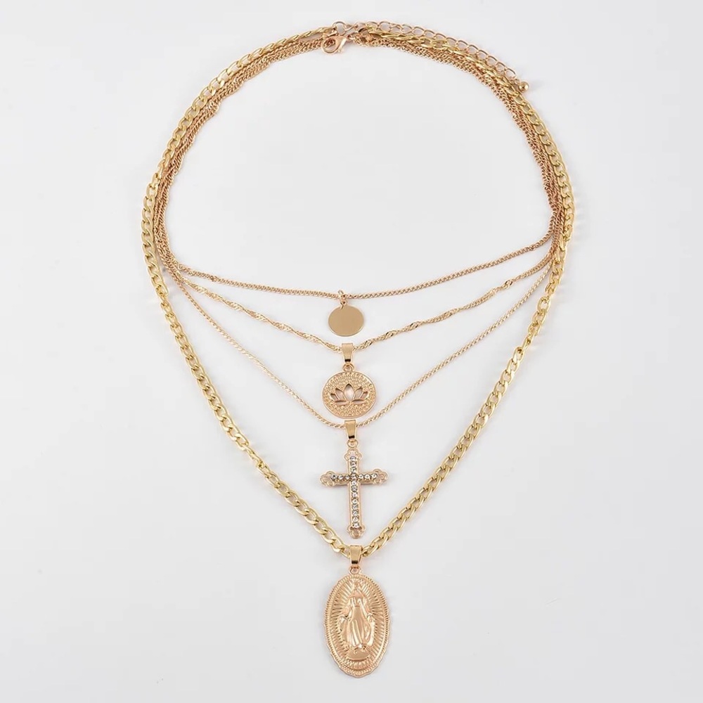 Cross, virgin Mary layered crystal Necklace - Picture 3 of 5